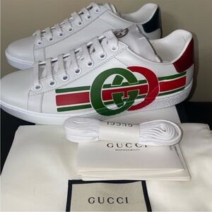 Gucci White Leather Sneakers with Red & Green Stripe Logo
